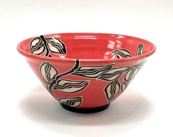 Ceramic bowl in a beautiful deep coral/light red color with carved leaf design, Pho bowl, soup, pasta or salad bowl.