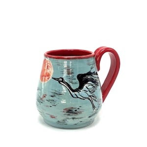 Taza de cerámica con esgrafiado de garza azul – Cerámica de gres de 473 ml