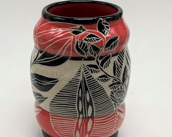 Ceramic vase with hand painted and hand carved sgraffito leaf and flower design