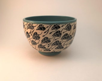 Ceramic bowl with art deco style carved leaf design, sgraffito