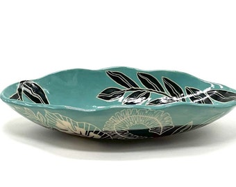 Blue Green serving bowl with hand painted and hand carved leaf design, sgraffito, stoneware pottery