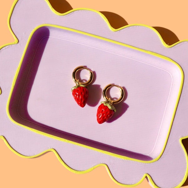 Strawberry Charm Hoop Earrings | Handmade Polymer Clay Jewelry | Hypoallergenic Surgical Steel | Unique Gift for Foodies