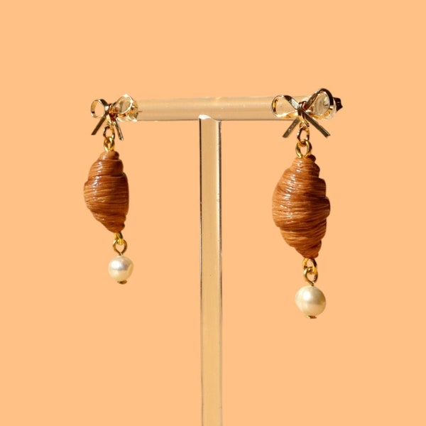 Croissant Bow Statement Earrings, Handmade Polymer Clay Hypoallergenic Gold Plated, Mini Food Accessories