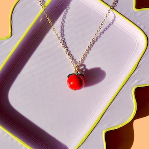Tomato Pendant Charm Necklace | 24k Gold Filled Dainty Chain | Minimalistic Polymer Clay Jewelry | Mini Food Charm