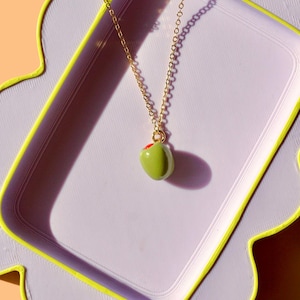 Olive Pendant Charm Necklace | 24k Gold Filled Dainty Chain | Minimalistic Polymer Clay Jewelry | Mini Fruit Food Charm