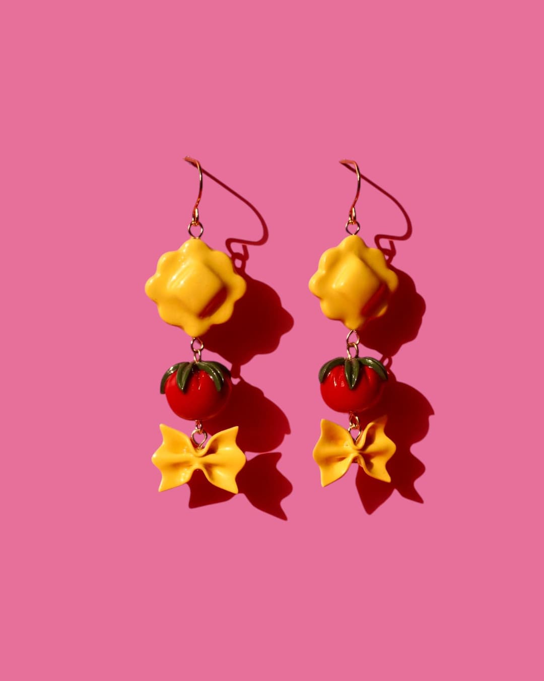 Pasta Statement Earrings, Farfalle, Ravioli, Tomato Charms, Polymer Clay Hypoallergenic Surgical Steel, Eclectic Jewelry