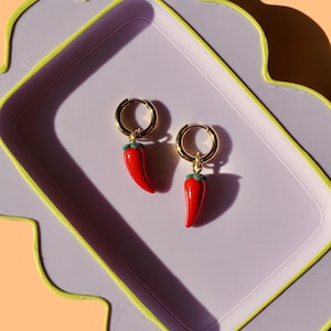 Chili Charm Huggie Hoop Earrings, Handmade Polymer Clay Hypoallergenic Surgical Steel, Mini Food Jewelry