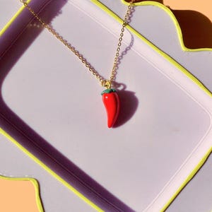 Chili Pendant Charm Necklace | 24k Gold Filled Dainty Chain | Minimalistic Polymer Clay Jewelry | Mini Food Charm
