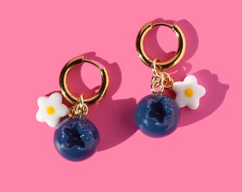 Blueberry Charm Huggie Hoop Earrings, Handmade Polymer Clay Hypoallergenic Surgical Steel, Spring Summer Accessories
