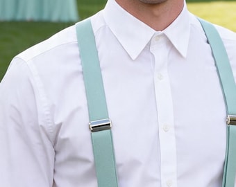 Sage Green 25MM Elastic Y-Back Suspenders Braces Quality Silver Clips Men Adult / Youth / Kids Boy /Toddler Baby Infant