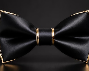 Black Gold Bow Tie, Black Satin Bow Tie with Gold Edge, Luxury Pre Tied Bow Tie, Wedding Groom Groomsmen Formal Tuxedo Prom Gift for Men