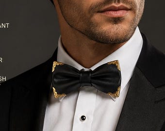 Men Adult Pretied Black Shining PVC Faux Leather Gold Edge Bow tie  Bowtie Wedding Party