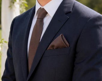 Dark Brown Tie & Pocket Square Set, Solid Cotton Wedding Tie for Groom, Chocolate Brown Necktie, Groomsmen Accessories, Rustic Wedding Gift
