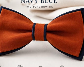 Navy Blue and Burnt Orange Linen Cotton Pre tied Bow tie Bowtie for Men Adult / Youth Teenage / Boy Kids / Baby Infant