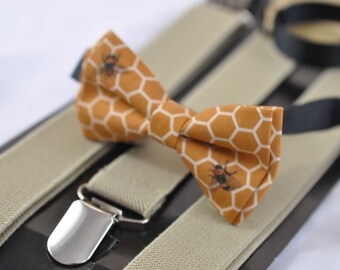 Black Elastic Suspenders Braces for Baby infant Boy Kids Youth Teenage Men Yellow Bees Honeycomb Honey Comb Print Cotton Bow tie