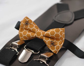 Black Elastic Suspenders Braces for Baby infant Boy Kids Youth Teenage Men Yellow Bees Honeycomb Honey Comb Print Cotton Bow tie
