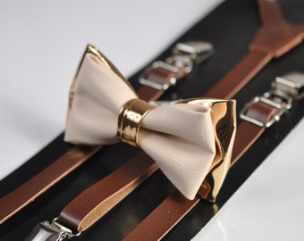 Tan Brown Leather Suspenders Braces for Baby infant  Boy Kids  Youth Teenage Cream White Pearl White and Rose Gold Faux Leather Bow tie