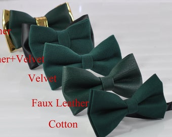 Youth Boy Baby Gold Leather Bow tie for Men Emerald Hunter Green Velvet