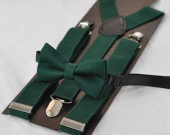 Dark Emerald Green Bottle Green COTTON Bow tie +  Matched Elastic Suspenders Braces for Baby infant Toddler/ Kids Boy / Youth Teenage / Men