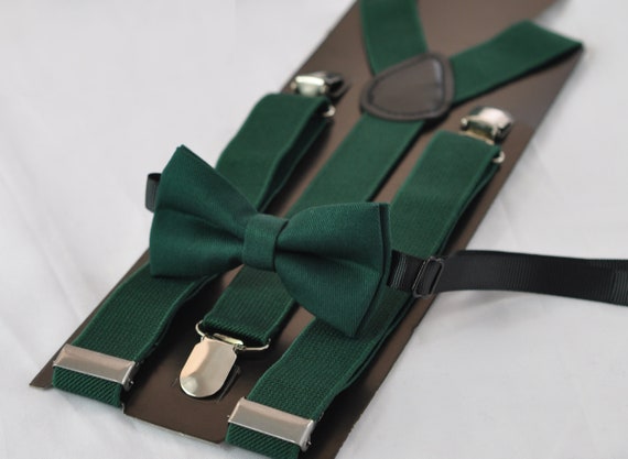 Dark Emerald Green Bottle Green COTTON Bow tie +  Matched Elastic Suspenders Braces for Baby infant Toddler/ Kids Boy / Youth Teenage / Men