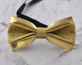 Men's Solid Gold Faux Leather Shiny Bow Tie – Classic Wedding Party Accessory