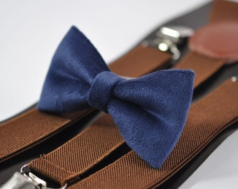 Navy Blue Dark Blue Velvet Bow tie + Brown Elastic Suspenders Braces for Men Adult / Youth Teenage / Boy Kids / Toddler Baby infant
