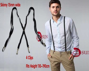 Men Women Unisex Black Adjustable Skinny 15mm 1.5cm Wide X-Back 4 Clips Pants Elastic Suspenders Braces Fits Height 110cm to 190cm
