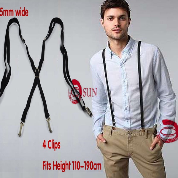 Men Women Unisex Black Adjustable Skinny 15mm 1.5cm Wide X-Back 4 Clips Pants Elastic Suspenders Braces Fits Height 110cm to 190cm