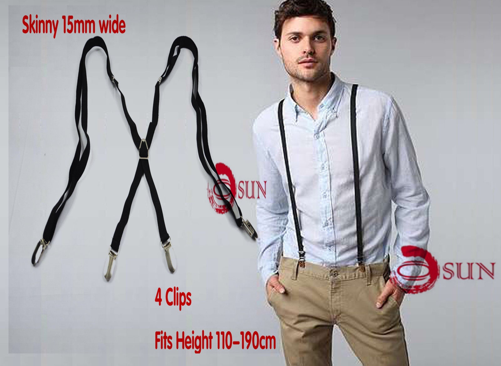 Men Red X-BACK Adjustable Skinny Pants Suspenders Braces Elastic 1.5CM 4 Clips 