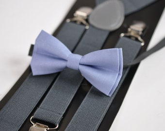 Dusty Blue Cotton Bow tie - Grey Gray Adjustable Elastic Suspenders Braces for Baby Infant Toddler / Kids Page Boy Toddler / Youth Teenage