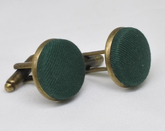 Boutons de manchette vert émeraude en tissu de coton vert bouteille, bronze cuivré