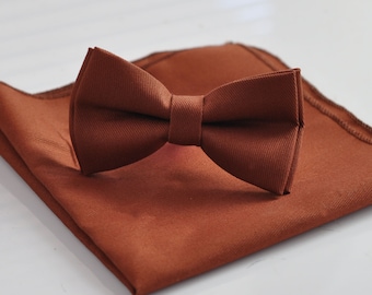 Rusty Rust Red Brown COTTON Bow tie Bowtie + matched pocket Square Hanky Handkerchief  Wedding for Men / Youth / Boys Kids / Baby Infant