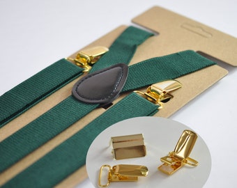 Dark Emerald Green 25MM Elastic Y-Back Suspenders Braces Gold Golden Metal Clips for Men Adult / Youth  / Kids Boy /Toddler Baby Infant