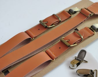 Men Adult 25mm Wide Y-back Tan Brown Faux Leather Adjustable Design Suspenders Braces Bronze Quality Clips