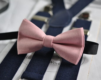 Dusky Dusty Rose Pink Blush Pink Cotton Bow tie+ Navy Blue Adjustable Elastic Suspenders Braces for Kids Page Boy Toddler or Youth Teenage