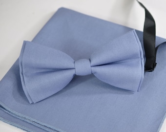 Men 100% Cotton Quality Dusky Dusty Blue  Handmade Bow Tie Bowtie matched pocket Square Hanky Handkerchief Wedding