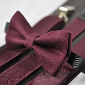 Burgundy Wine Red Cotton Bow tie Elastic Suspenders Braces Pocket Square Hanky Handkerchief for Men / Youth / Boys Kids / Baby Infant BowTie+Suspenders