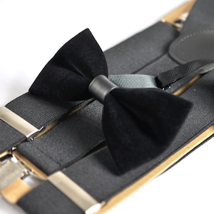 Men Unisex Black Velvet Pretied Bow Tie Bowtie + 35mm Wide Y-Back Black Elastic Suspenders Braces Groome Wedding