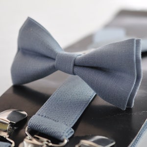 Dusty blue Linen Bow tie Bowtie + Elastic Suspenders Braces + Pocket Square Hanky Handkerchief for Men / Youth / Boys Kids / Baby Infant