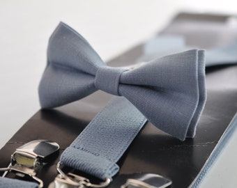 Dusty blue Light BLue Linen Bow tie Bowtie + Matched Elastic Suspenders Braces for Men / Youth / Boys Kids / Baby Infant Toddler