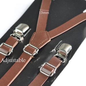 Dark Brown Faux Leather Skinny Adjustable Braces Suspenders 100% Cotton Brown Bowtie Bow Ties for BOY KIDS Baby Infant or Youth Teenage image 6