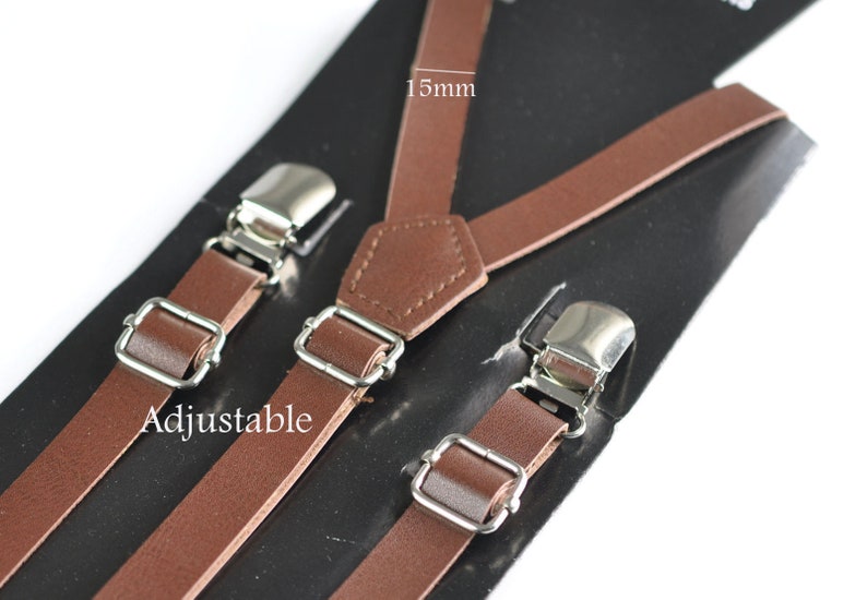 Dark Brown Faux Leather Skinny Adjustable Braces Suspenders 100% Cotton Brown Bowtie Bow Ties for BOY KIDS Baby Infant or Youth Teenage image 6