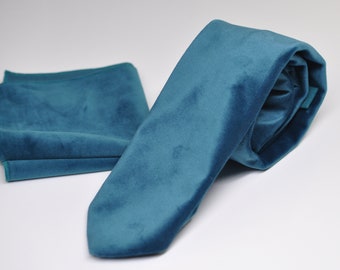 Hombres Unisex Teal Azul Terciopelo Pajarita Pajarita Flaco Corbata Corbata Bolsillo Cuadrados