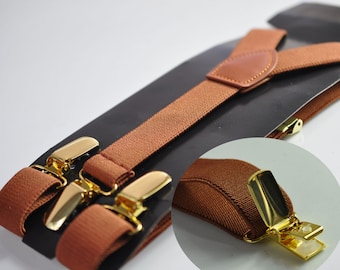 Tan Brown 25MM Elastic Y-Back Suspenders Braces Gold Golden Metal Clips for Men Adult / Youth  / Kids Boy /Toddler Baby Infant