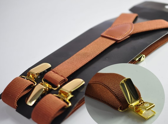 Tan Brown 25MM Elastic Y-Back Suspenders Braces Gold Golden Metal Clips for Men Adult / Youth  / Kids Boy /Toddler Baby Infant