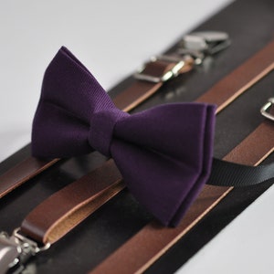 Eggplant Purple Dark Violet Purple Pretied Cotton Bow tie + Brown Leather Suspenders for Baby infant toddler / Kids Boy / Youth Teenage