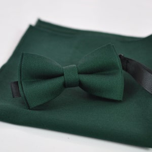 Dark Emerald Green COTTON Bow tie Bowtie + matched pocket Square Hanky Handkerchief  Wedding for Men / Youth / Boys Kids / Baby Infant