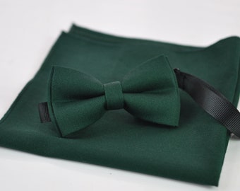 Dark Emerald Green COTTON Bow tie Bowtie + matched pocket Square Hanky Handkerchief  Wedding for Men / Youth / Boys Kids / Baby Infant