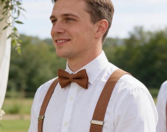 Tan Brown Cotton Bow tie Bowtie + matched Elastic Suspenders Braces for Men / Youth Teenage/ Boys Kids / Baby Infant Toddler