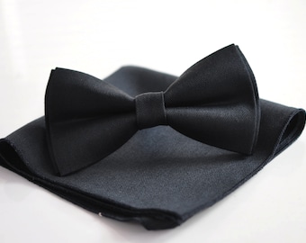 Black Cotton Handmade Bow Tie Bowtie matched pocket Square Hanky Handkerchief For Men / Youth  / Boy Kids / Baby toddler